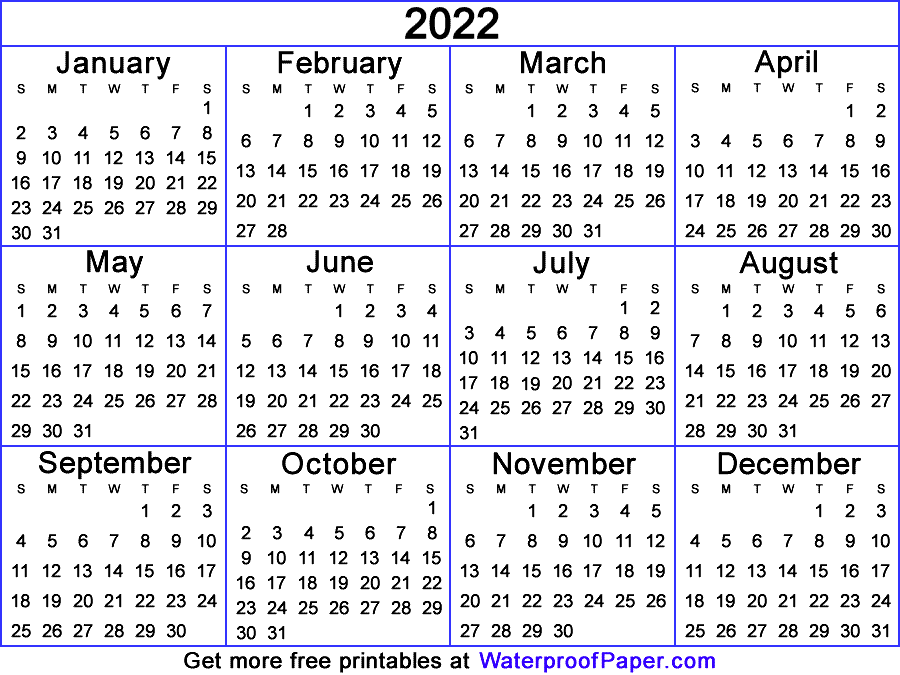 2022 mini calendar printable free
