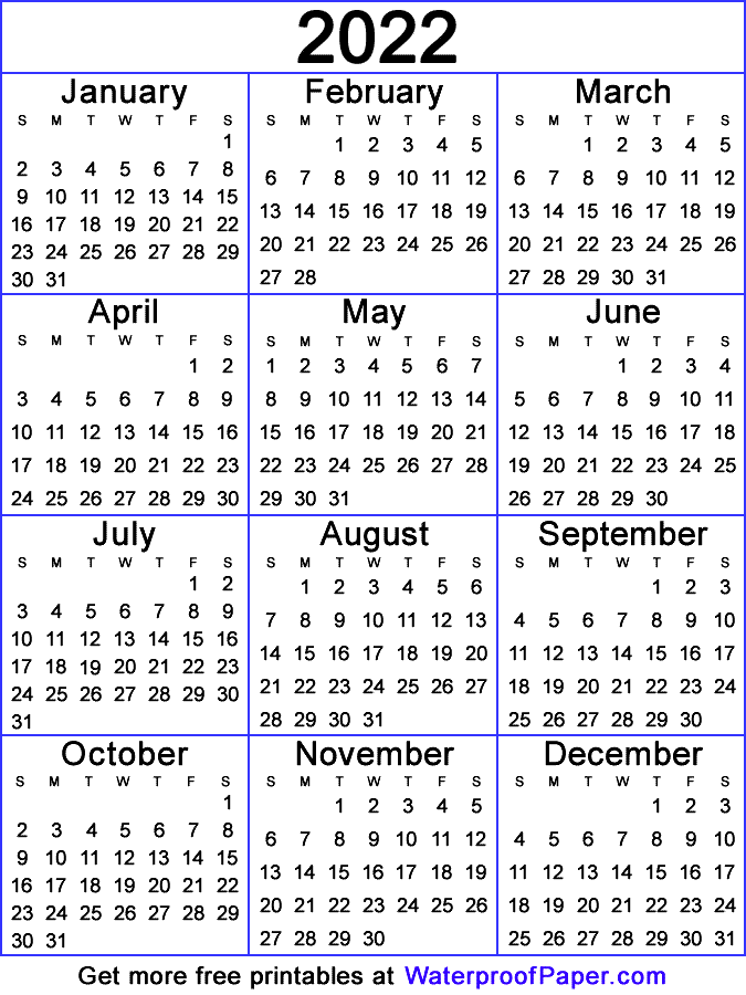 one page calendar free printable for 2022
