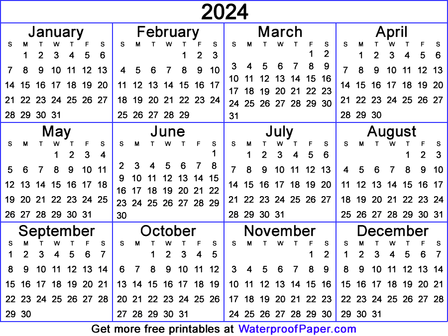 One Page Calendar Free Printable for 2024