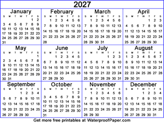 2027 one page calendar