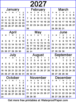 2027 one page calendar